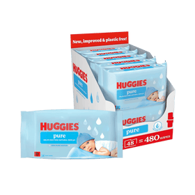 Huggies Pure Plastic Free Baby Wipes Pack of 10 (480 Wipes)