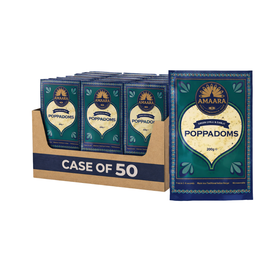 Case Amaara Green Chilli & Garlic Poppadoms 50 packs x 200g